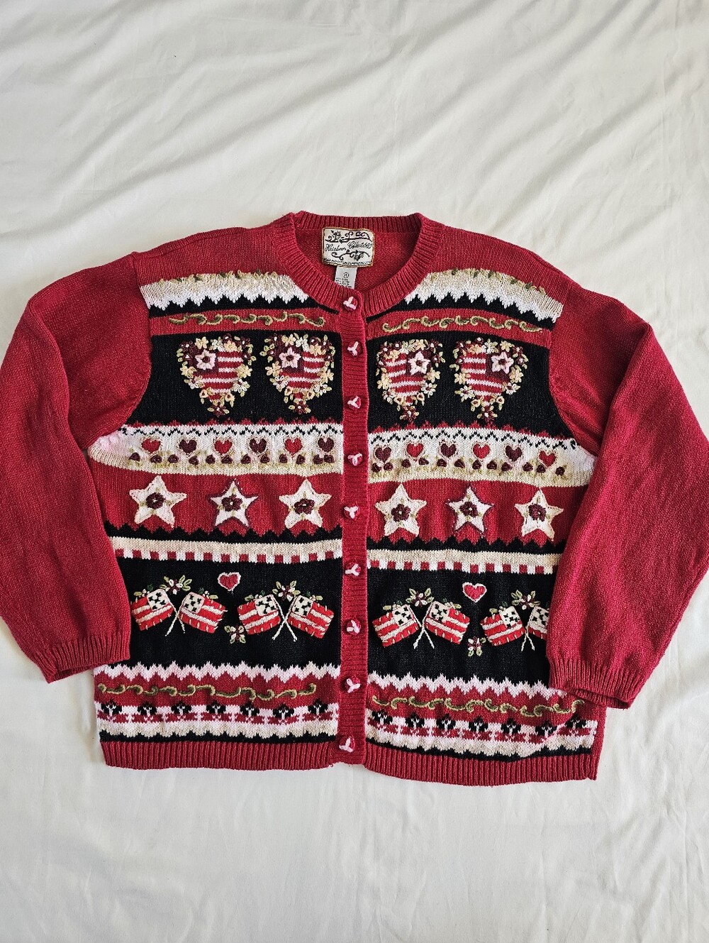 RARE VTG Patriotic Embroidered Heirloom Collectibles Cardigan Sweater Sz XL USA
